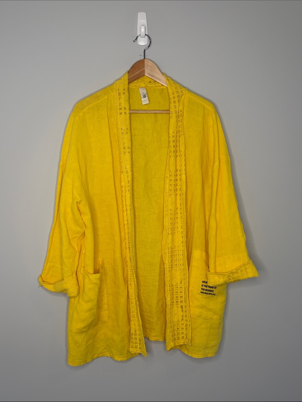 Made in Italy 100% Linen Open Loose Blazer in Sunshine Yellow with Lace Trim